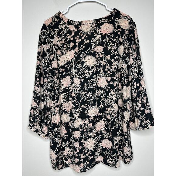 Rose + Olive Size 2X Black Floral 3/4 Sleeve Peasant Top Tunic Lightweight Flowy - Picture 6 of 11